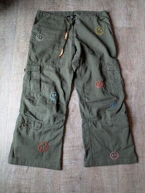 Hipchik Couture Smiley Hand Embroidered Army Green Cargo Pants - Size Small